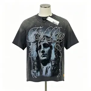 Vintage Washed Rhinestone Cropped T-Shirt Men's Oversized Streetwear Diamond Graphic Cotton Tee Y2K Aesthetic Hip Hop Fashion Crew Neck Short Sleeve Summer Outfit