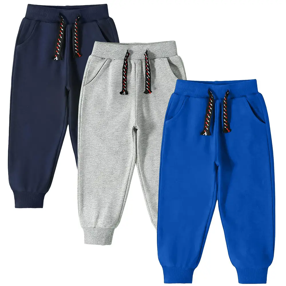 Kids Boys Sweatpants Pants 3 Pack Pull On Cotton Jogger Outfits Clothes Navy/Grey/Blue