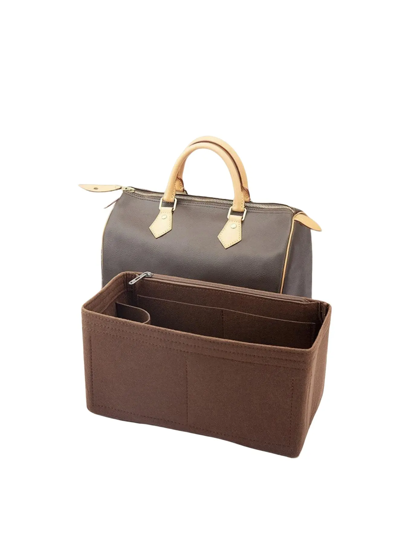 Felt Handbag Organizer Insert for LV Speedy - Makeup Travel Tote Inner Bag with Multiple Pockets, Travel Organization Pouch, Travel Storage, Travel Organizers, Beige & Brown, Durable Felt Material, Secure Zipper Pockets