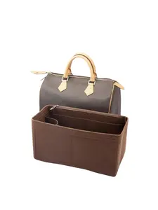Premium Felt Handbag Organizer Insert for LV Speedy - Makeup Travel Tote Inner Bag with Multiple Pockets, Beige & Brown, Durable Felt Material, Handbag Storage | Stylish Storage | Secure Zipper Pockets, Purse Storage Organizer, Side Organizer Bag