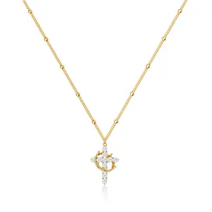 TEWIKY 14K Gold-Plated  Bead Crown Cross Necklace 3.5mm Spacer Elegant Design Perfect for Easter Gift