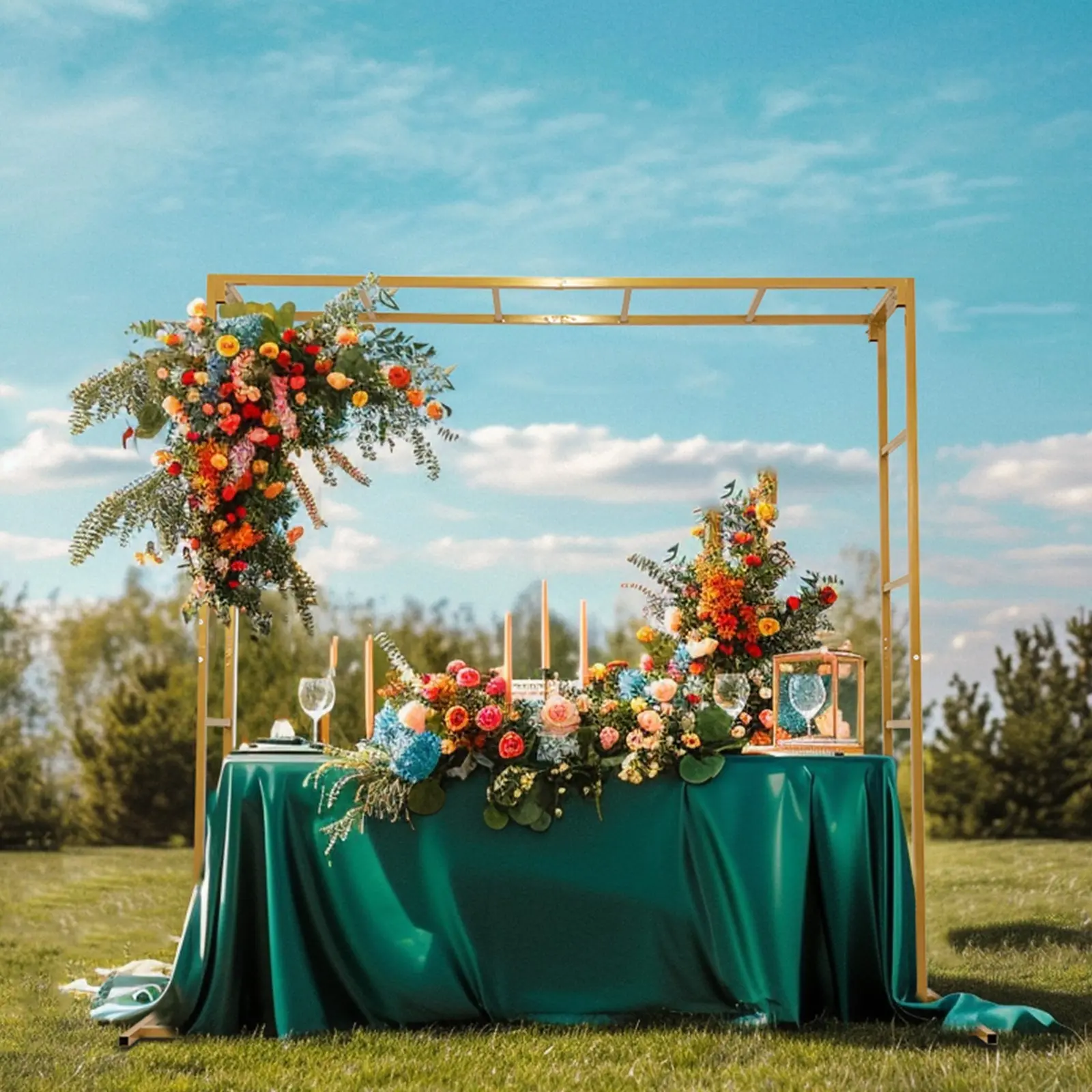 Gold 6ft x 6ft Square Wedding Arch Backdrop, Freestanding Double-Frame Over-the-Table Stand for Party Decor Floral Balloon Arrangements, Backdrop Stand Arch, Metal Arch Festive Backdrops & Banners