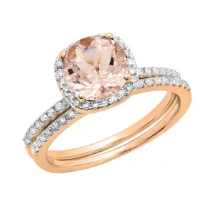 Dazzlingrock Collection 6mm Round Morganite & White Diamond Bridal Halo Engagement Ring Set, 14K Solid Rose Gold, Size 8