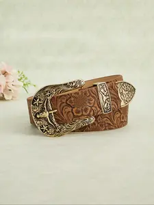Women's Vintage Floral Embossed Western Belt, Western Style Belt, Cowboy Belt, Cowgirl Belt, Textured Belt, Stylish Belts, Fashionable Metal Buckle Belt for Daily Clothing Decor, Trendy All-match & Exquisite Belt for Birthday Gift