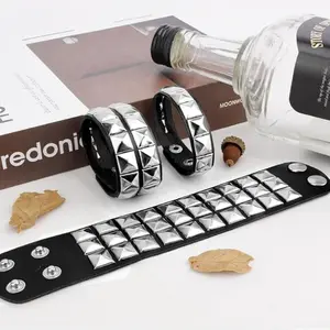 Punk Leather Bracelet Set - 3PCS Goth Leather Wristband with Metal Studded - Cuff Bangle for Men Women