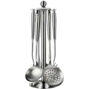 Cooking Utensils set, 18/8 Stainless Steel Kitchen Utensils set, 7 Pieces Cookware Set with Rotating Holder, Heat Resistant Stainless Steel Cooking Spoon(Dishwasher Safe)