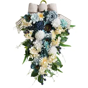 25 Inch Spring Blue Rose Door Hanging Artificial Floral Swag for Front Door Window Porch Stair Railing Spring Holiday Indoor Outdoor Home Decor