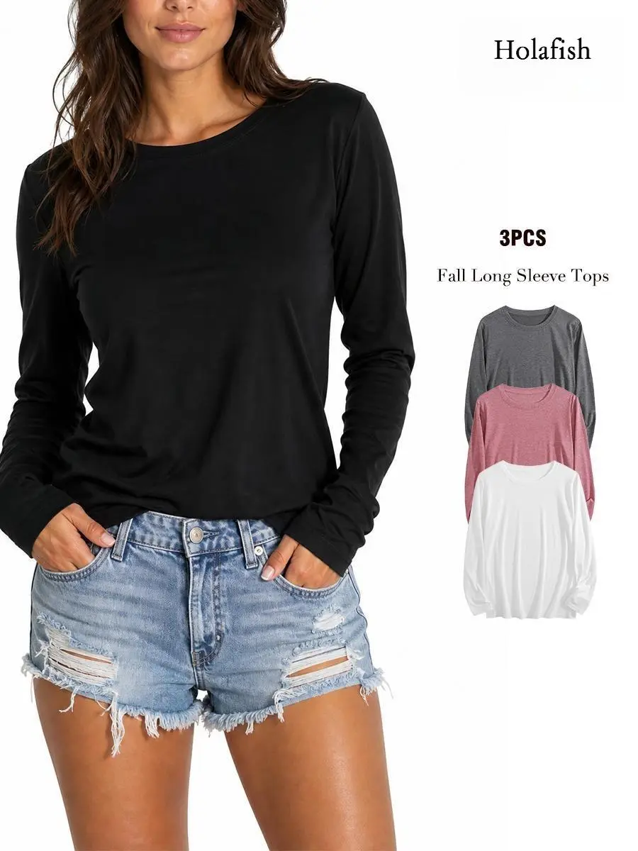Holafish Women's 3-Pcs Minimalist Basic Round Crew Neck Long Sleeve Tees - Cotton-Polyester-Spandex Blend, Soft, Stretchy, Lightweight, Breathable, Fit for Fall Workout, Coat Matching Essentials