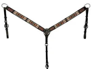 Dark Brown Argentina Cow Leather Breast Collar with Southwest Red Beaded Inlays