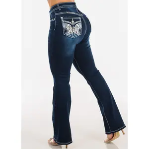 High Waist Stretch Dark Bootcut Jeans w Back Pocket Design