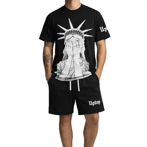 Men's 2-Piece Menswear Set - Short Sleeve T-Shirt, Round Neck, Geometric Print, Regular Fit Shorts, Casual Sports Summer Outfit, Shortsleeve