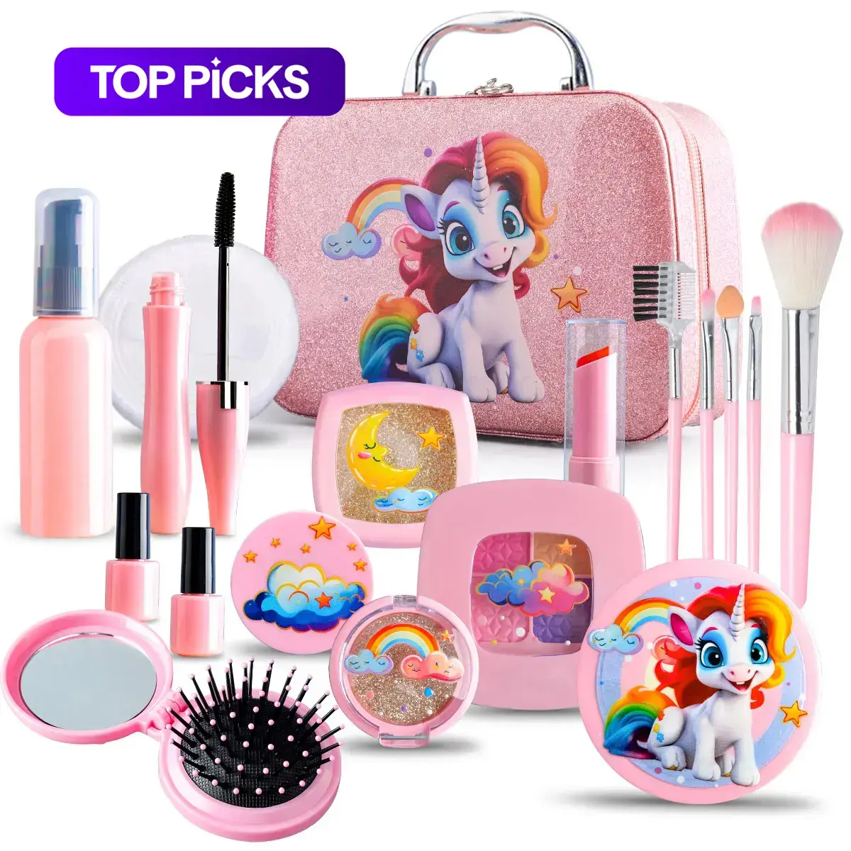 18Pcs Unicorn Themed Kids Pretend Makeup Set Playset, Realistic but No Color Transfer, Ideal Birthday, Holiday & Back to School Gift for Girls 3+, Perfect for Pretend Role Play