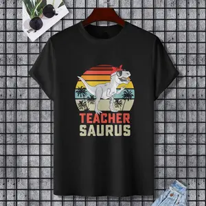Teachersaurus T Rex Dinosaur Teacher Saurus Family Matching Men Women T-Shirt, 100% Cotton, Single Side Printed, Black Short Sleeve T-shirt, Gift for Family Friends, S-XXXL, 1 pc, Fabric Weight 180g