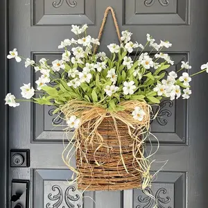 Cream Color Hydrangea Woven Garland with Hemp Bow, Spring Door Decor, Rustic Porch Decoration, Wedding Easter Home Use All Year Round