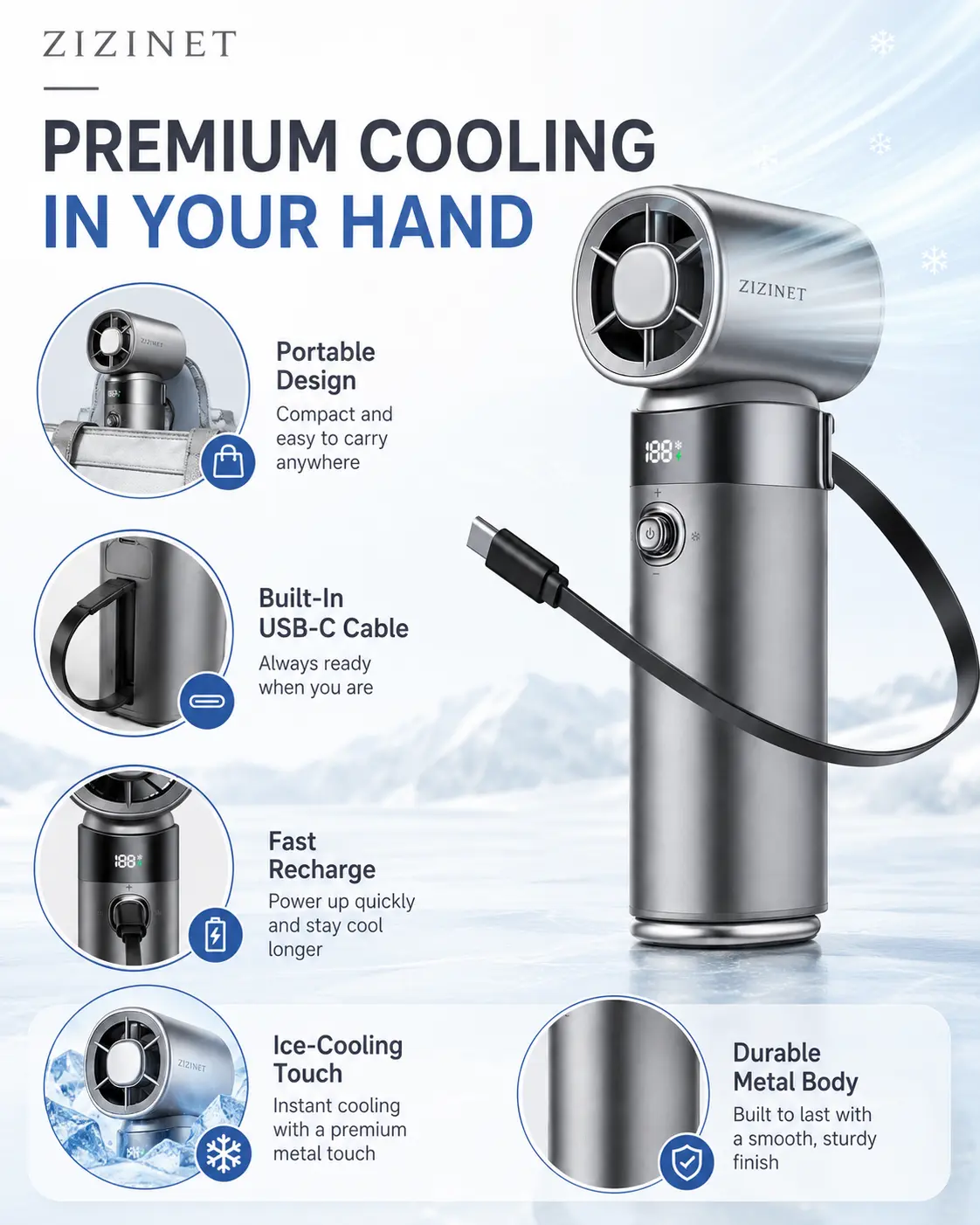 Itanium Ice High-Speed Handheld Cooling Fan & 10000mAh Built-In Battery Cordless Power Bank - Compact USB-C Adjustable Cooling Device for Home, Travel, Rechargeable Household Appliance