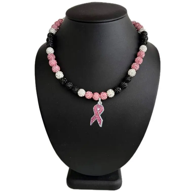 Pink Black Iced Disco Ball Crystal Bead Baseball Drip Necklace w/ Iced Pink Ribbon Pendant