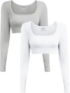 Women's Long Sleeve Crop Top Ribbed Seamless Workout Exercise Top 2 Pack