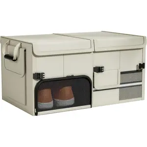 Foldable Car Trunk Organizer with Multi-Compartment – Expandable 30-60L Storage Bin, Side Mesh Pockets, Waterproof 600D Oxford Cloth, Car Accessories for SUV/Truck/Sedan, Beige, 23.6"x13.0"x11.8"
