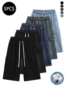 Pack of 5 men’s summer jeans: loose cargo mid-length jeans with high cotton content—moisture-wicking and breathable to prevent sweating; retro street style, versatile men’s pants.