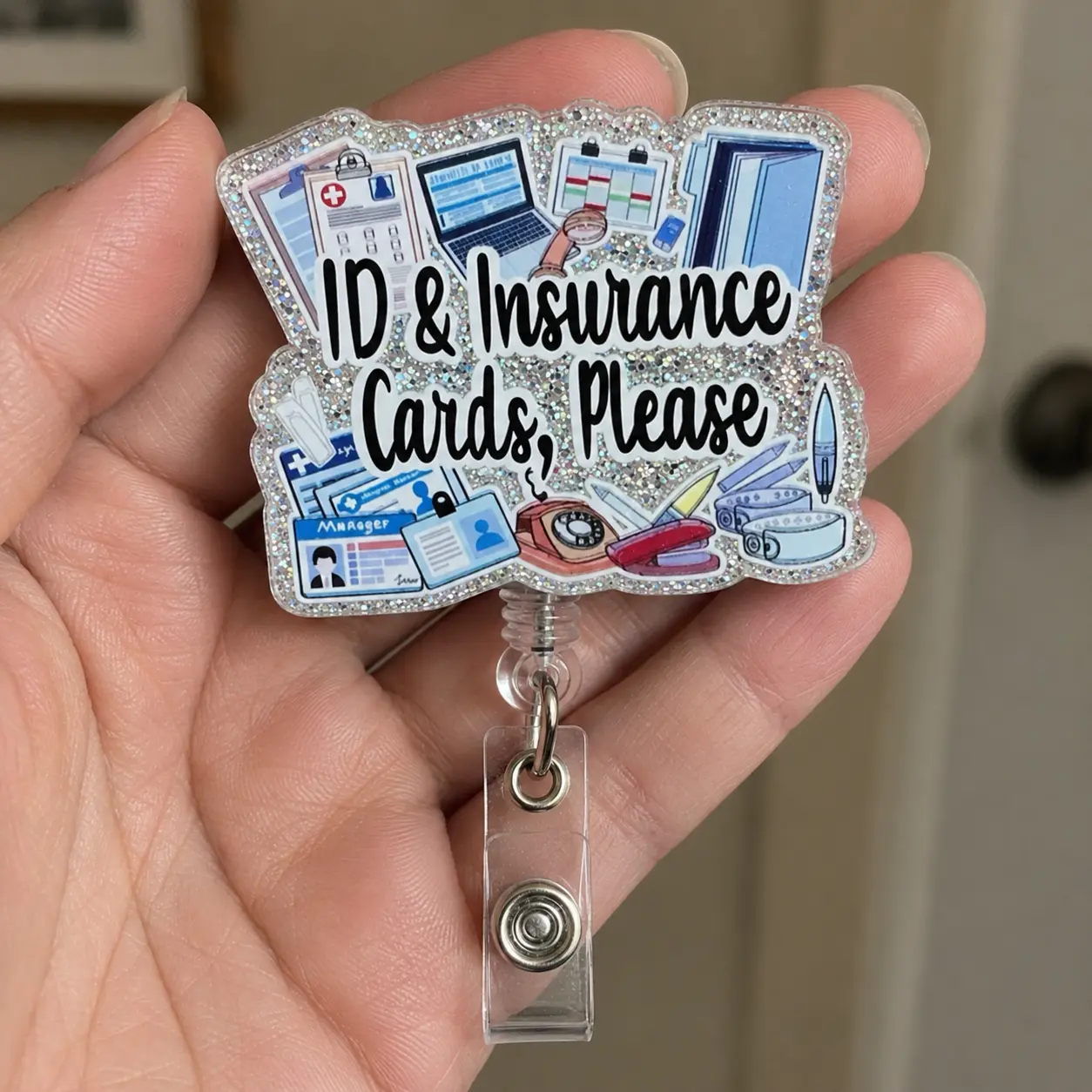 Badge Reel for Medical Receptionists, ID and Insurance Cards Please Acrylic ID Holder, Retractable Clip Front Desk Appreciation Gift