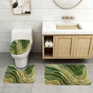 3-Piece Green Wavy Pattern Bathroom Rug Set, Modern Simple Non-Slip Mats, Absorbent Toilet Lid Cover & U-Shape Contour Pad