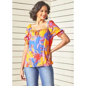 ModCloth In All My Vibrance Peasant Blouse Short Sleeves Colorful Bali Floral Print (XS-4X)