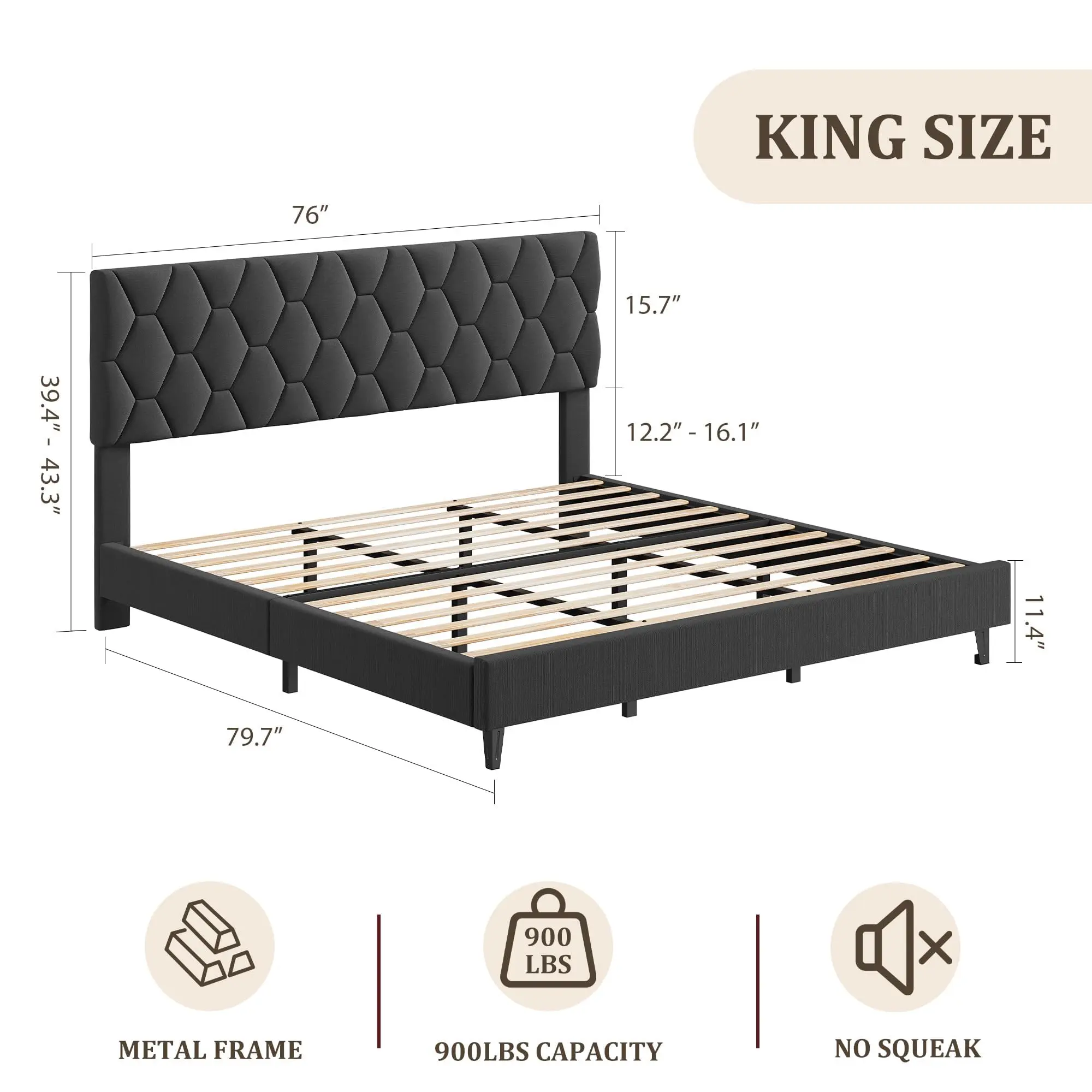 Garvee Grey King Upholstered Bed Frame with Headboard, Heavy-Duty Platform Bed Frame with Strong Wood Slats, No Box Spring Needed/Easy Assembly/Noise Free