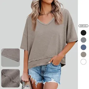 Imily Bela Womens Summer V Neck T Shirts Casual Short Sleeve Flowy Tops Cute Loose Fit Basic Tees