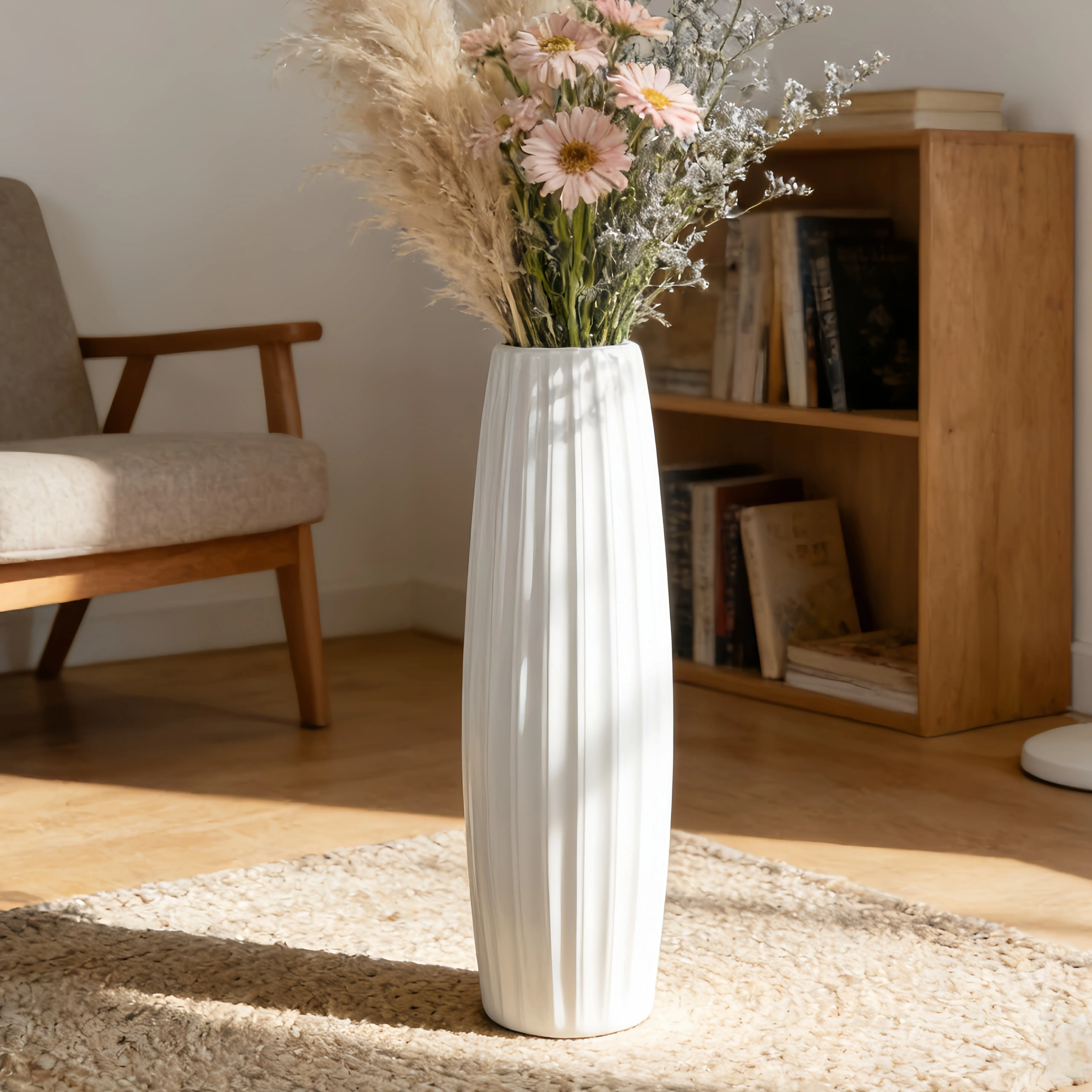 Modern White Ribbed Ceramic Vertical Floor Decorative Vase - Sturdy & High-Quality, Multi-Size 17/24in Tall, Weighted Base, for Indoors Home Decor, Pampas Grass