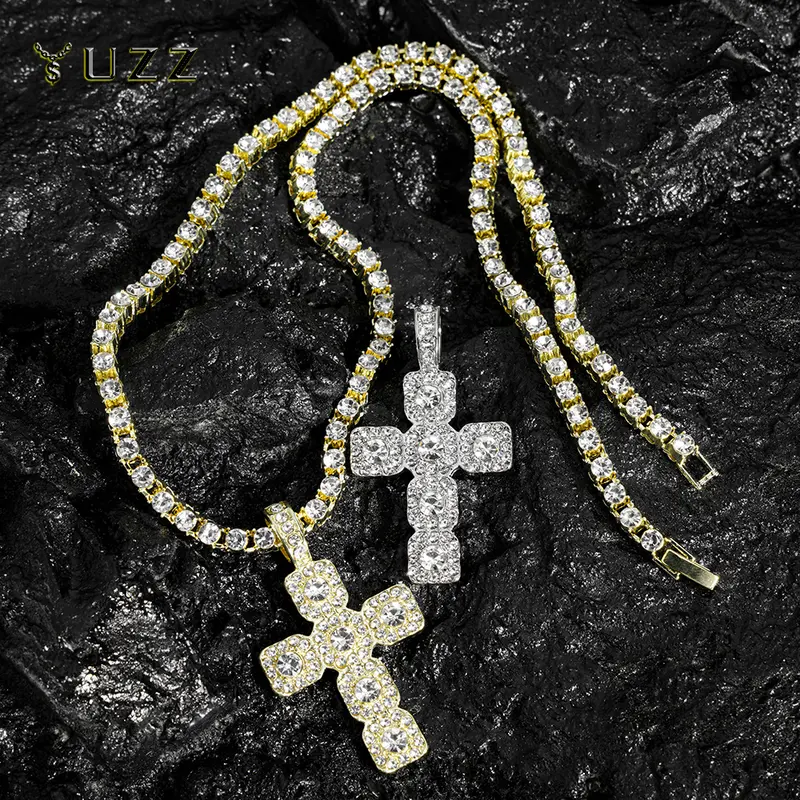 Bold Cross Costume Jewelry Necklace - 4mm Iced Out Rhinestone Tennis Chain, Zinc Alloy Hip-Hop Punk Unisex 18inch Multi-Size Cross Motif Everyday Wear, Silver Fashion Accessory, Back to School Gift