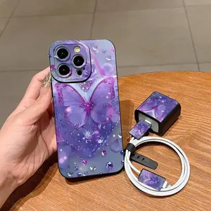 Butterfly Pattern Phone Case with Charger Protector & Cable Protector & Storage Rope, Anti-drop Cellphone Protective Case, Total Protective Phone Cases for iPhone, Cover