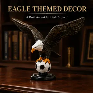 Eagle Themed Decor Resin Sculpture, Bald Eagle Statue on Soccer Ball, Modern Desk & Shelf Accent, Office Home Game Room Decoration, Unique Sports Animal Figurine Gift for Men # collectible figurine home decor # sign holder