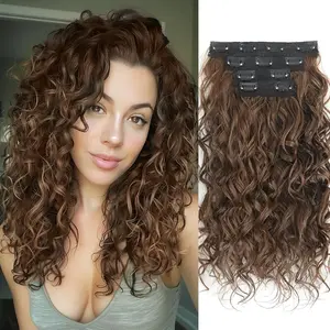 Clip in Hair Extensions, 4 count 16 inch Curly Hair Extensions Short Soft  Hairpiece Lace Weft Curly Wave Clip Ins Extensions Invisible for Women,Dark Almond brown