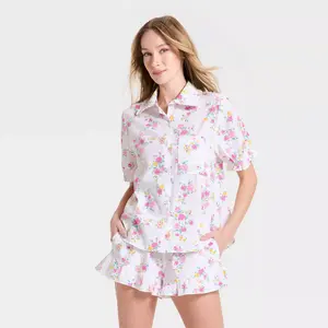 Women's Mommy & Me Ruffle Short Sleeve Notch Collar Shirt and Shorts Pajama Set - Auden