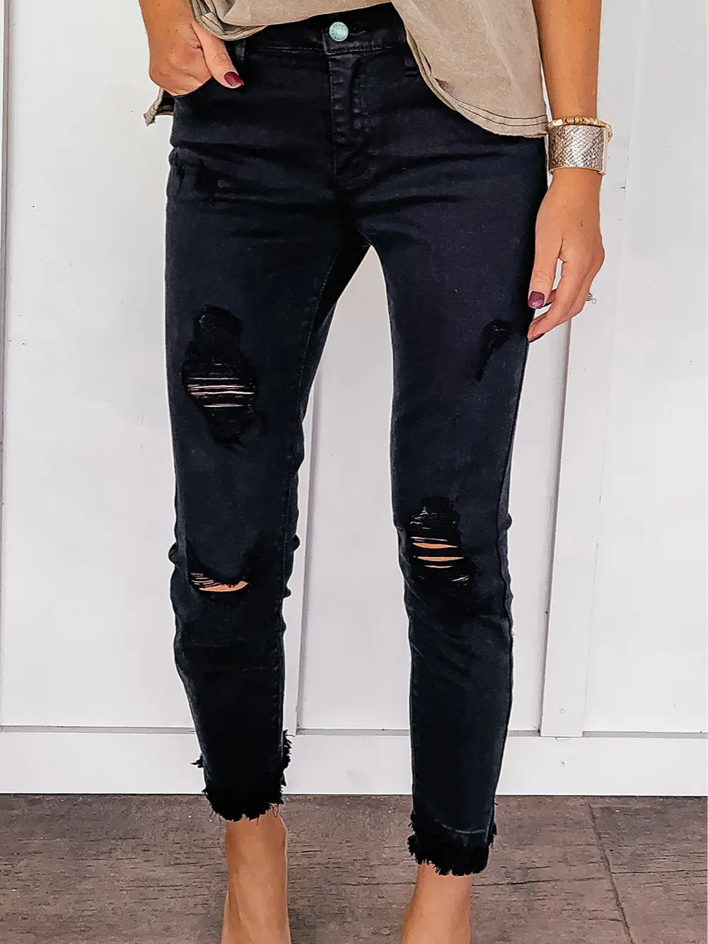 Black Distressed Raw Edge Cropped Skinny Jeans