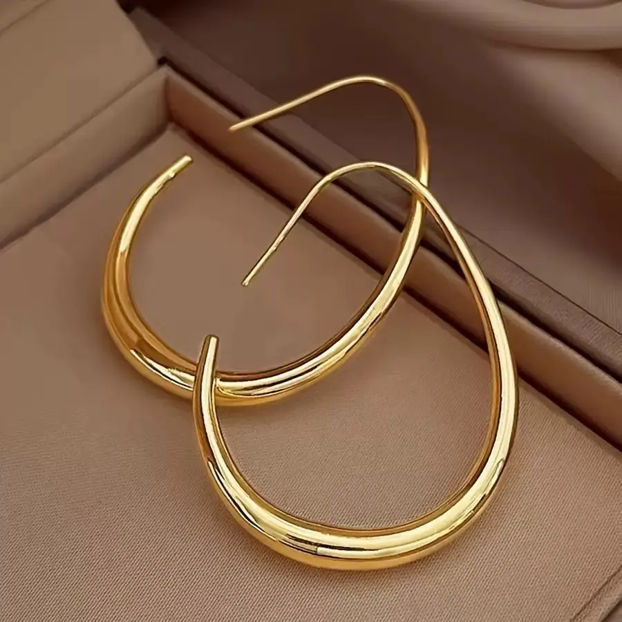 Lightweight Teardrop Hoop Earrings for Women - 14k Gold/ Plated Large Oval Pull Through Hoop Earrings High Polished Statement Jewelry Gift for Women,fashionable round hoop earring