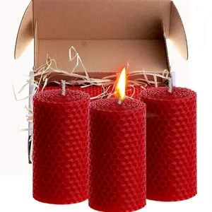 HandRolled Beeswax Honeycomb Pillar Candles Natural Honey Scent 10x5cm Cozy Home Decor Gifts Vibrant Red Pack Ornaments
