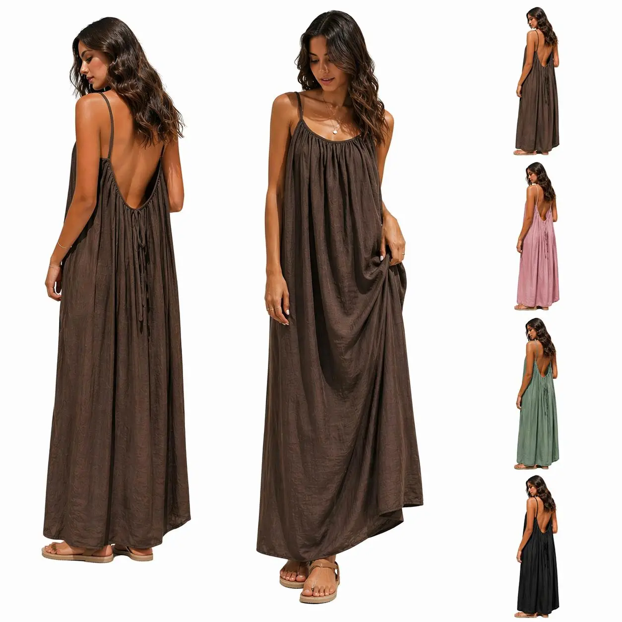 Women’s Solid Color Cami Lounge Dress, Sleeveless Backless Maxi Dress for Summer Sleepwear and Home Wear