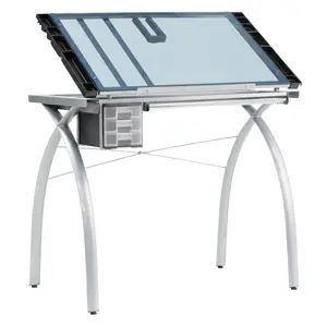 Futura Deluxe Drafting Table with Light Pad Support Bars & Drafting Height Leg Extensions, Silver / Blue Glass 10037