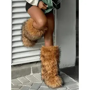Winter Knee High Boots Pull-On Faux Fur Boots Furry Fluffy Round Toe Fashion Boots For Women Suede Comfy Plush Warm Knee High Boots Outdoor Indoor Flat Shoes Party Dressy Women Winter Autumn Fall Boots(Sheet)
