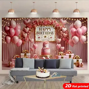 Pink 2D Flat Printed Polyester Birthday Tapestry Wall Hanging, Flower (Rose) Balloon Cake Gift Design, Aesthetic Room Decor for Women’s Birthday Parties, Photo Booth Backdrop