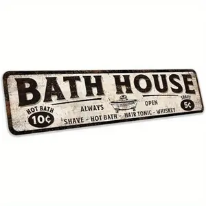 Bath House Rustic Design Sign for Bathroom Decor, Vintage Style Restroom Decoration, Metal Sign Measuring 10.16X40.64 cm, Bath House Theme, Rustic Charm