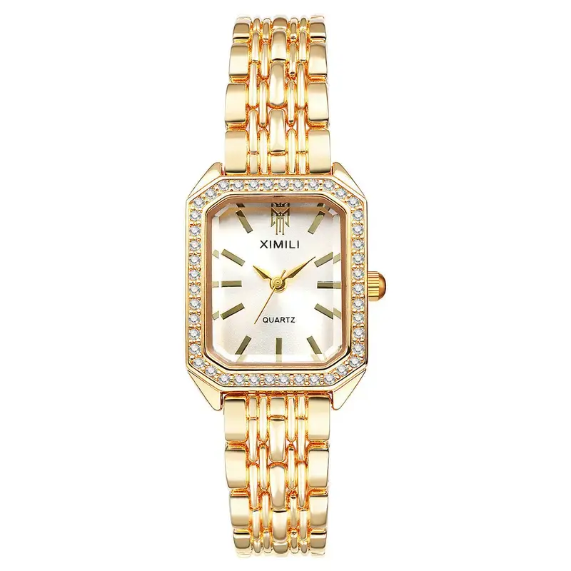 Women's Lightweight Classic Quartz Watch - Gold Analog, Elegant Vintage, Diamond Encrusted Dial, Rhinestone Jewelry Bracelet Watch, Small Stainless Steel Band, Fashionable Stylish Women's Accessory, Top Mother's Day Gift, Fashionable Stylish Watch