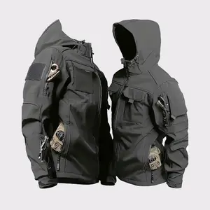 Men's Casual Hooded Jacket, Fashion Solid Color Multi-Pocket Functional Workwear Jacket, Autumn Winter Fleece Lined Windproof Warm Zipper Outdoor Coat, Suitable for Daily Life, Mountain Skiing, Camping Hiking Wear Black Long Sleeve