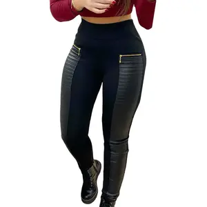 Women Plus Size Leather Leggings Mid Rise Patchwork Tights Skinny Long Pants with Zip Pockets