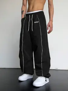 Men's Wide Leg Sports Pants with Drawstring and Side Stripes, Comfortable Breathable Casual Wear for Outdoor Activities, Athleisure Style Bottoms