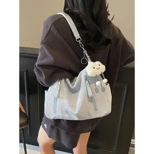 Cute cloud pendant canvas bag, multiple zipper pockets, casual one-shoulder large-capacity tote bag, simple and lightweight for daily commuting, suitable for college students to go to class, office workers to commute, etc., Crossbody Tote Bag