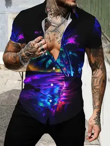 Men's Tropical Print Short Sleeve Shirt, Casual Style Shirt, Fashionable Casual Wear, All-Over Pattern Design, Perfect for Daily, Casual Printed