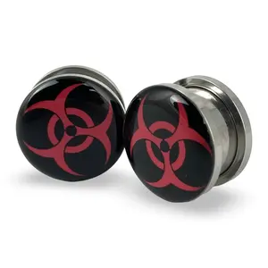 Black and Red Biohazard Picture Plugs gauges pair body jewelry