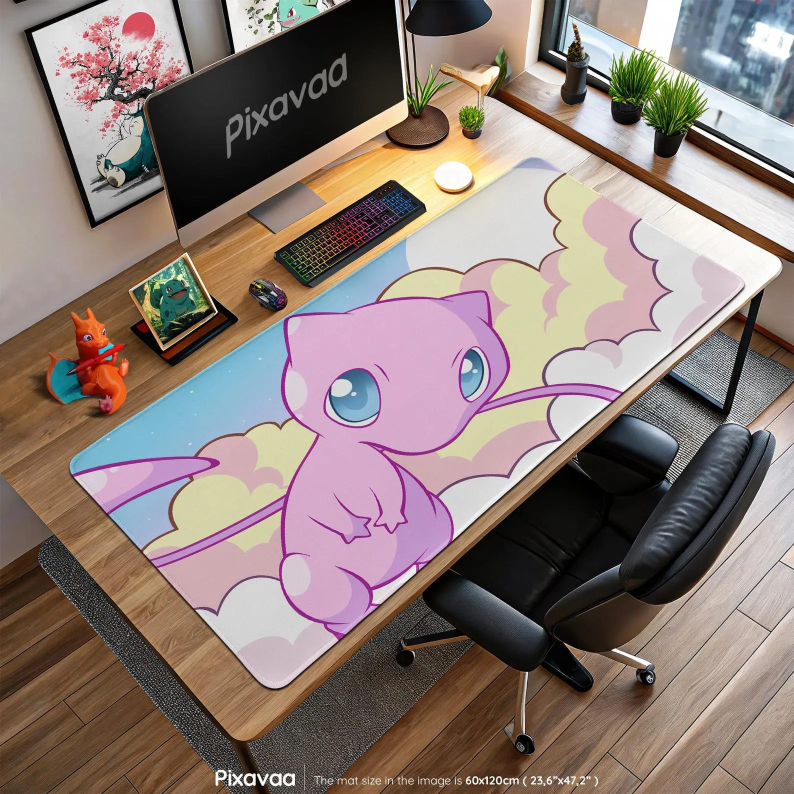 PKM Mew Mouse Pad Dreamy Pink Cloud Playmat Anime Play Mat With Card Zones TCG, Deskmat & Mousepad